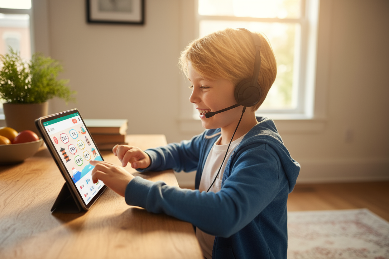 a blonde haired boy smiling whilst taking an online Japanese course on his iPad