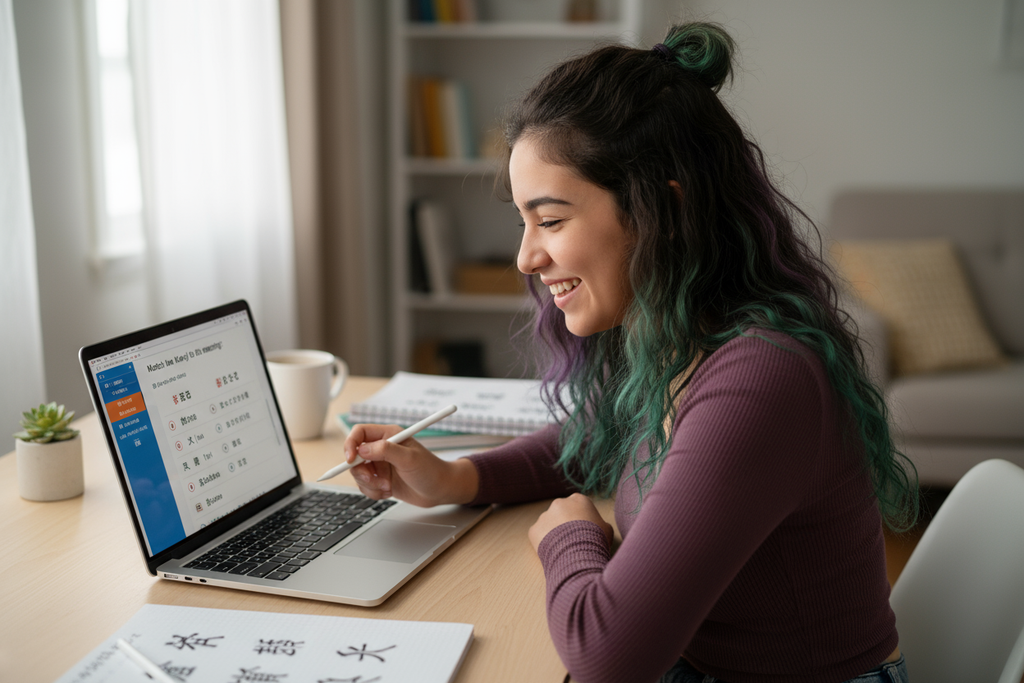 a Hispanic teenaged girl with partially purple and green hair smiling as she takes a Japanese quiz on her MacBook Air  