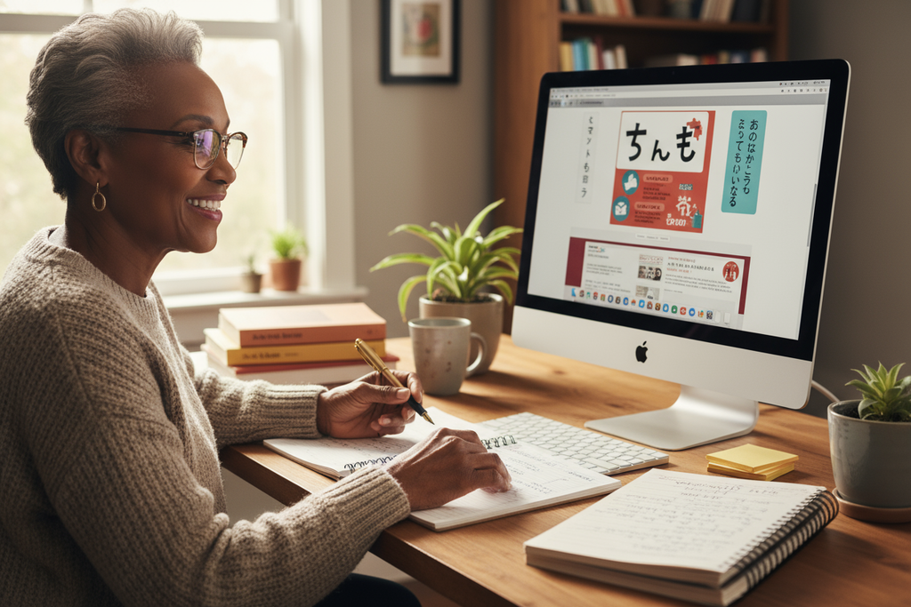 an older African American woman smiling at her iMac screen as she takes notes for a Japanese lesson