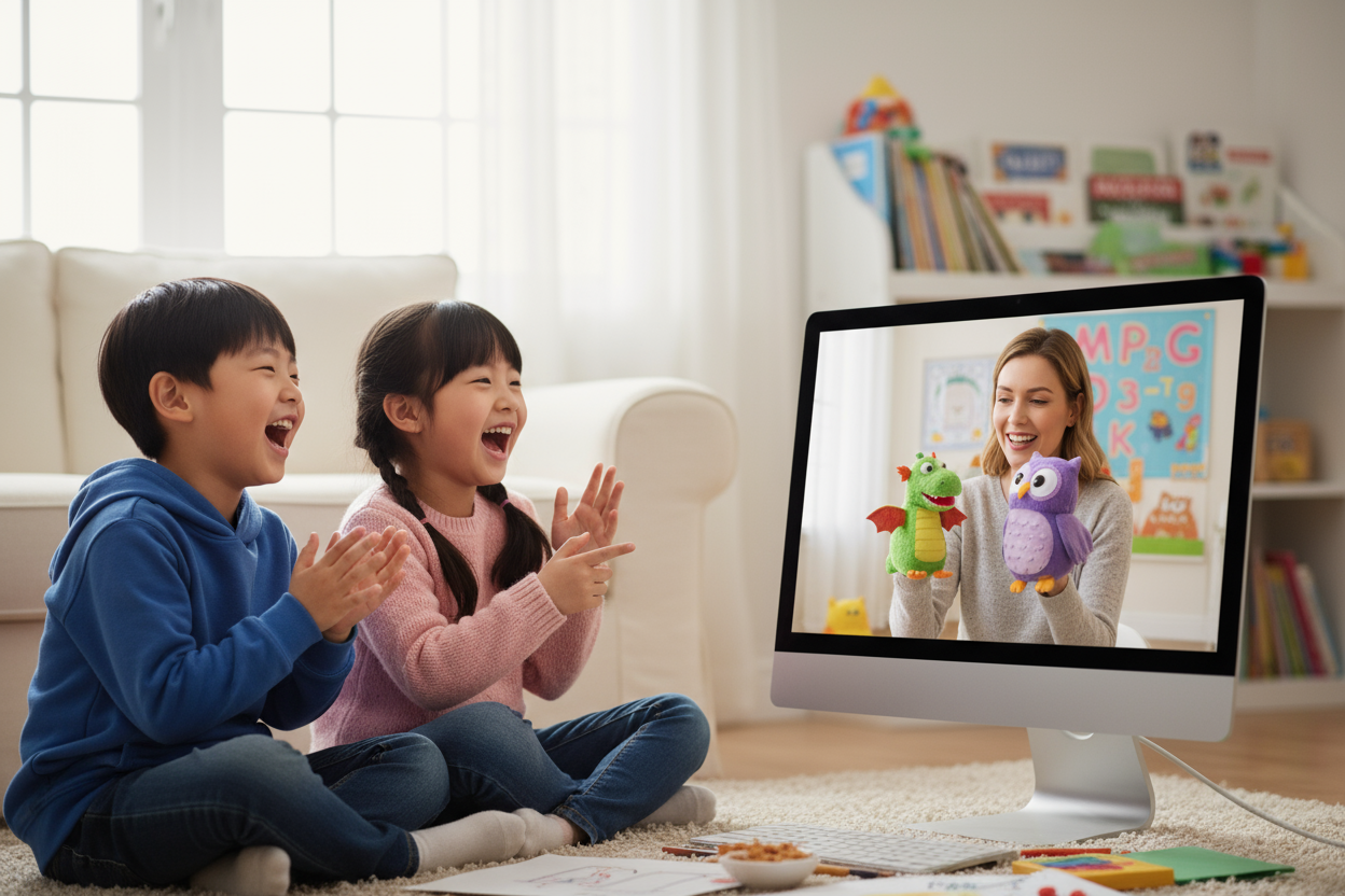 two Korean children laughing at an iMac screen whilst a British instructor conducts an English learning puppet show 